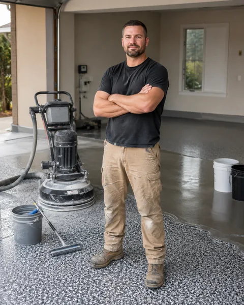 Floor coatings contractor in a garage with a concrete grinder