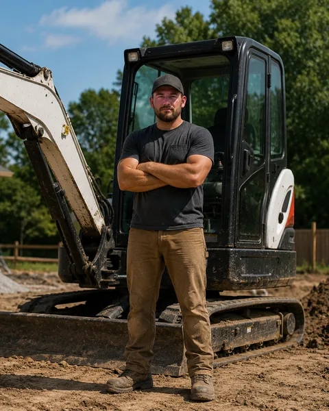 Excavation contractor beside a mini excavator on a job site