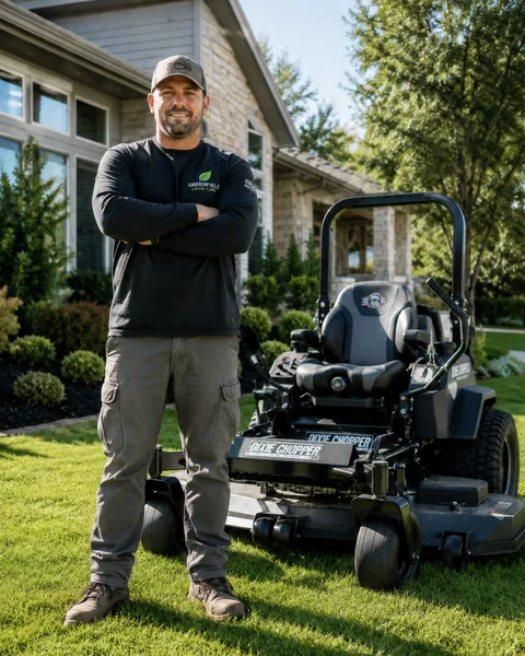 Lawn care owner beside a zero-turn mower outside a home