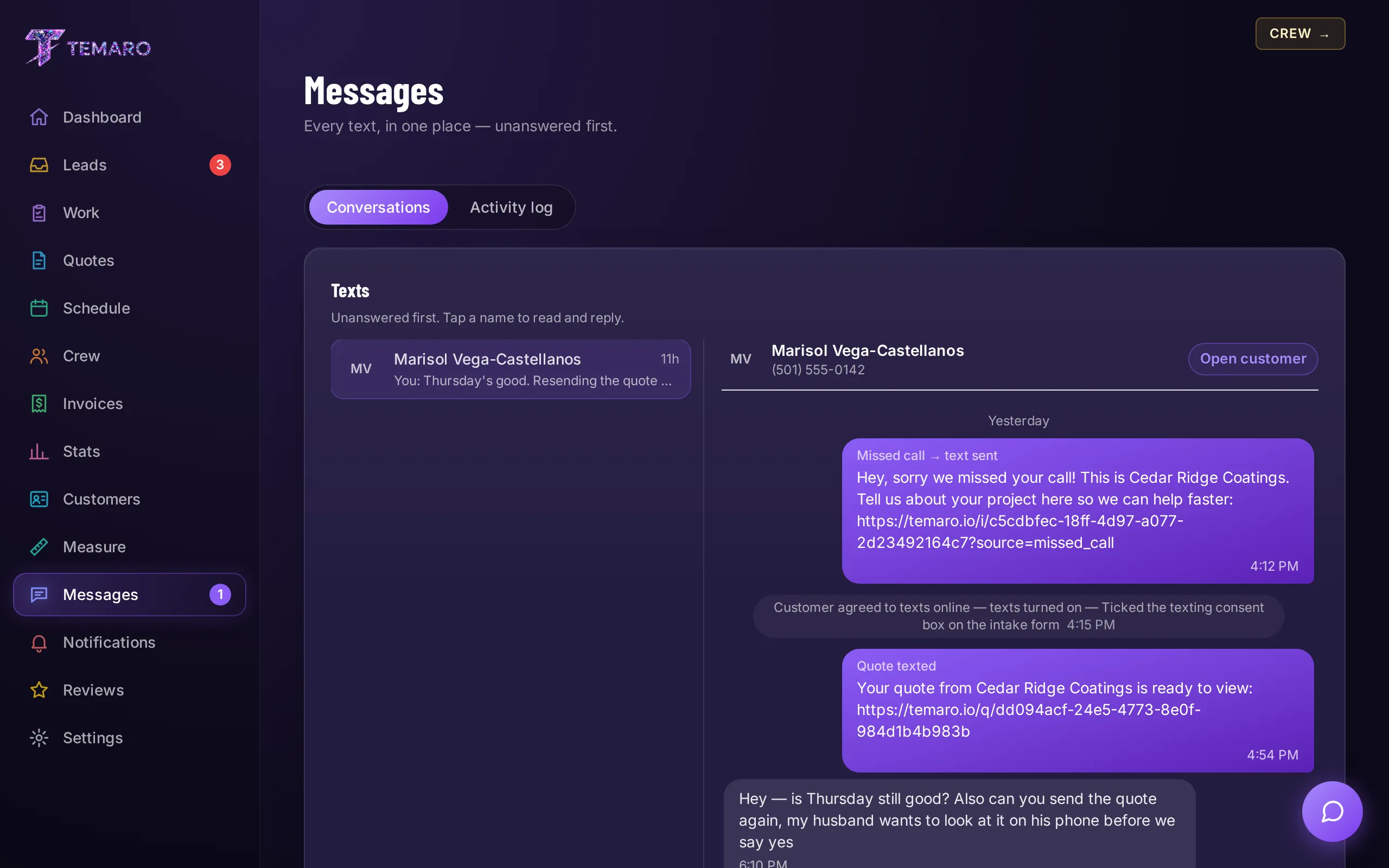 Temaro's message thread with Marisol: the automatic missed-call text, her consent, and the quote text