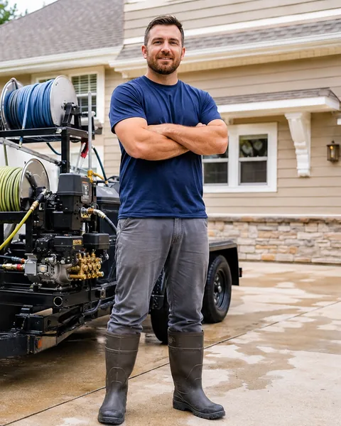 Pressure washing contractor beside a trailer-mounted rig